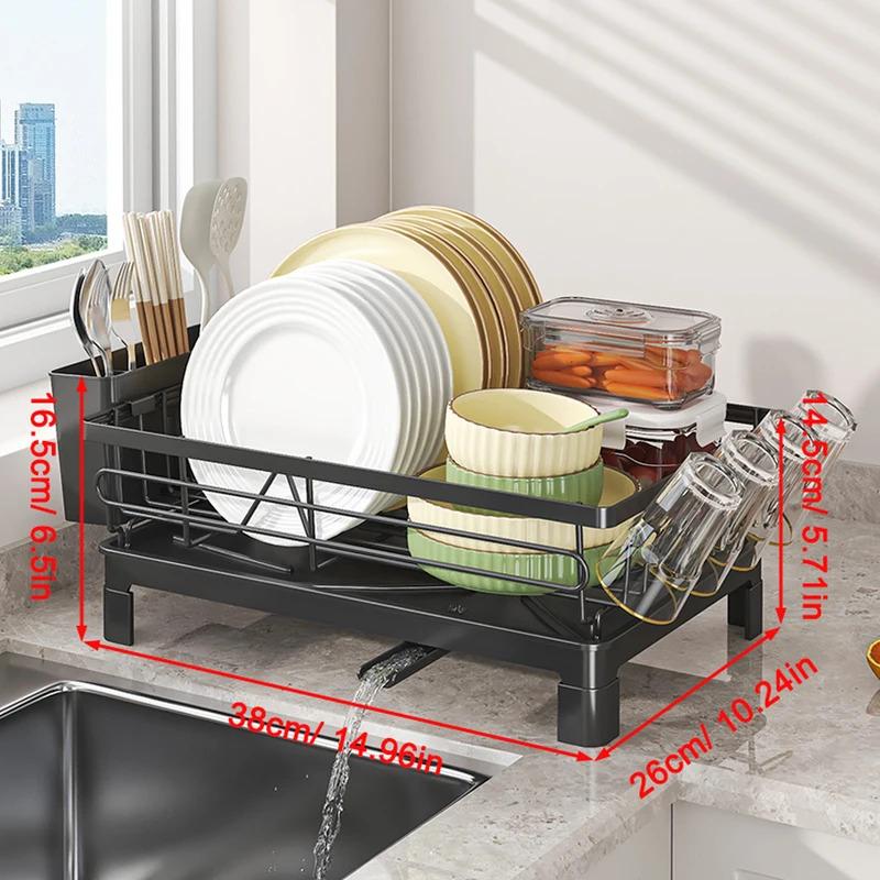 Dish drainer rack with cup holder and utensil caddy, non-slip metal drying rack, compact for 1-3 persons, removable drain tray