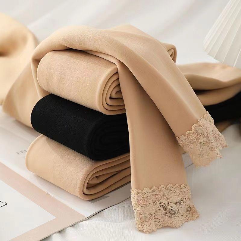 Women's Flesh-Colored Leggings with Nine-Point Lace Trim, Fleece-Lined, Thickening, Slimming, Perfect for Spring/Autumn/Winter Wear