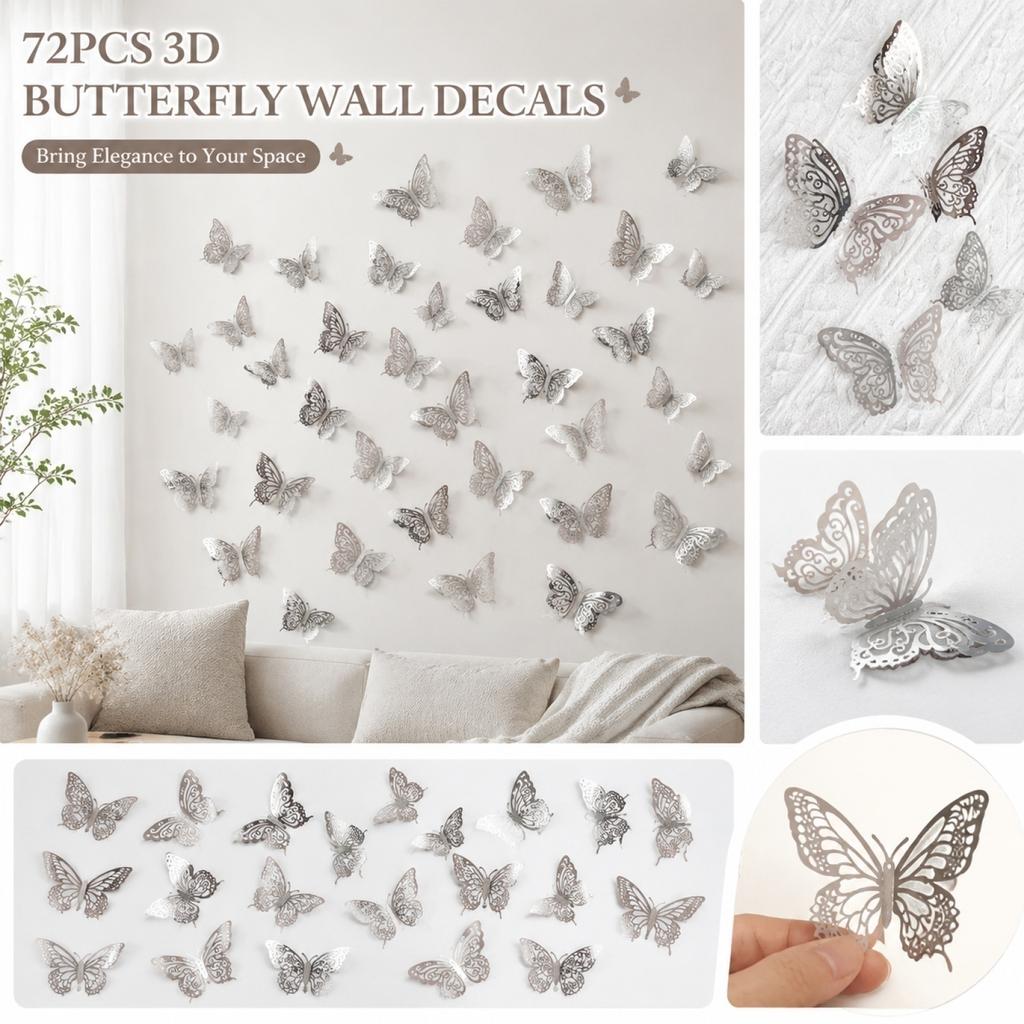 72PCS Hollow 3D Layered Butterfly Wall Stickers Metal Effect Creative Wall Decals for Living Room Bedroom Home Decoration