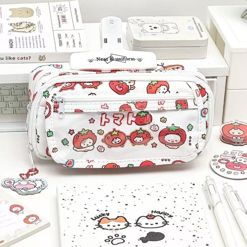 Cute Tomato Apple Cat Printed Pencil Bag Student Large Capacity Multi-Layer Stationery Storage Bag Gift