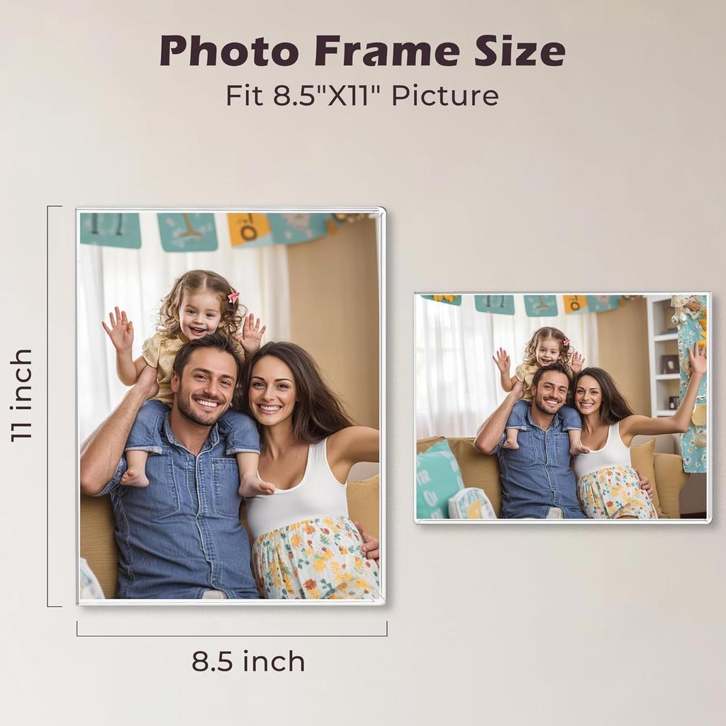 8.5 X 11 Acrylic Picture Frame, Horizontal/Vertical Clear Photo Frame for Wall with Tape, No Drilling Floating Hanging Frameless Picture Frame, Wall