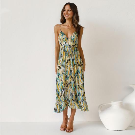 Summer Beach Dress V Neck Sleeveless Spaghetti Strap Shirring Backless Colorful Print Back Zipper Strappy Waist Vacation Sundress Holiday Slip Dress