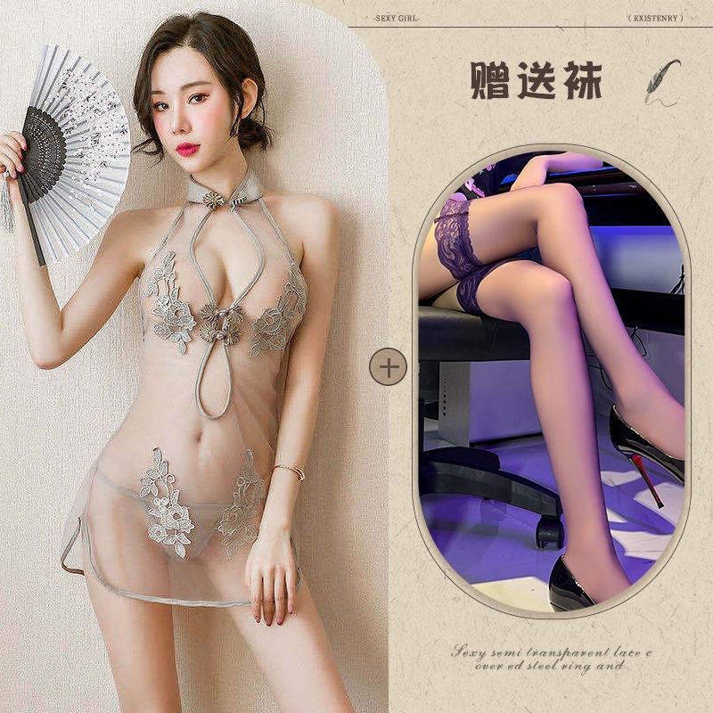 New European and American erotic underwear, sexy lace slit uniform mesh classical embroidered cheongsam set