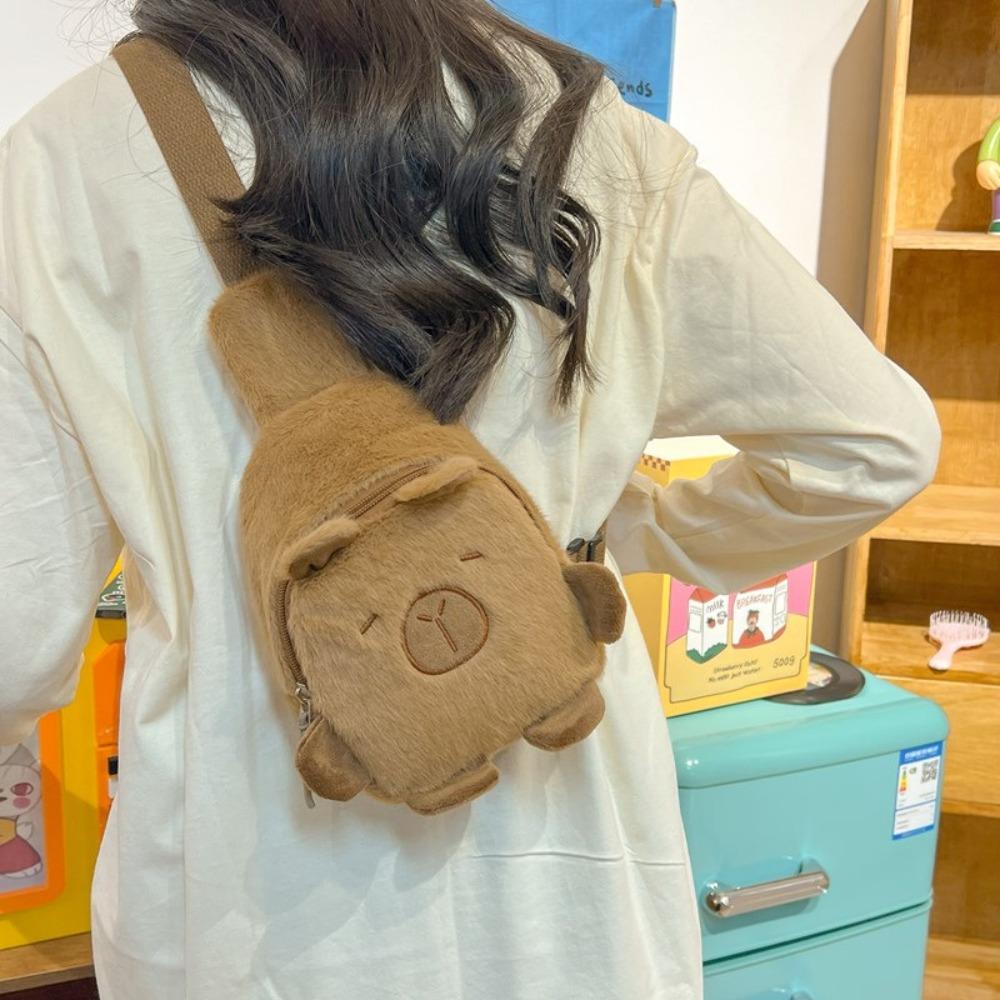 

Cute Cartoon Capybara Crossbody Phone Bag Plush Zipper Shoulder Bag Large Capacity with Adjustable Strap Chest Bag