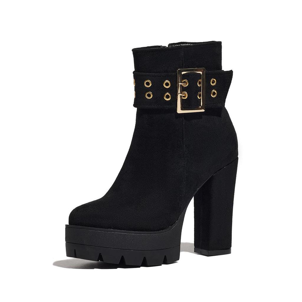 Women's Suede Chunky Heel Boots with Platform, Side Zipper, and Metal Decoration