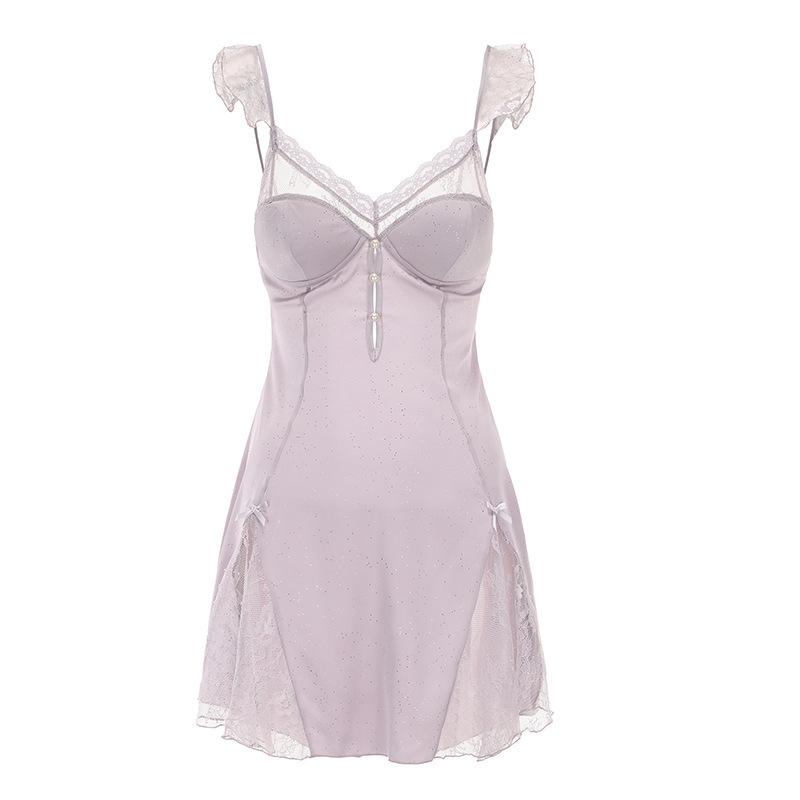 Women's Shimmer Satin Lace Sheer Padded Backless Sleep Dress with Robe Lounge Set
