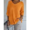 Women V Neck 3/4 Sleeve Loose Knit Top Solid Color Casual Lightweight Pullover Blouse