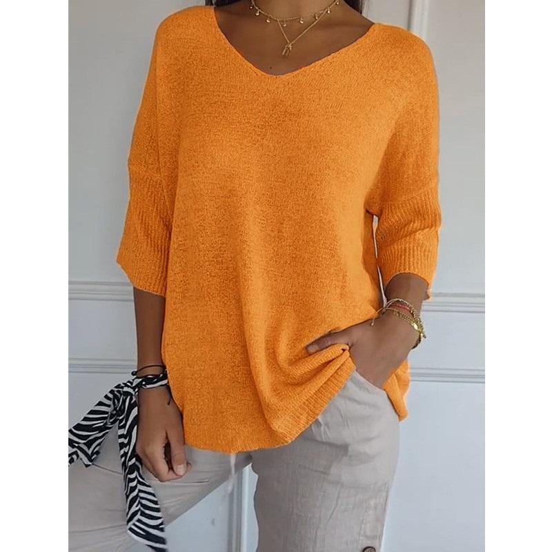 Women V Neck 3/4 Sleeve Loose Knit Top Solid Color Casual Lightweight Pullover Blouse