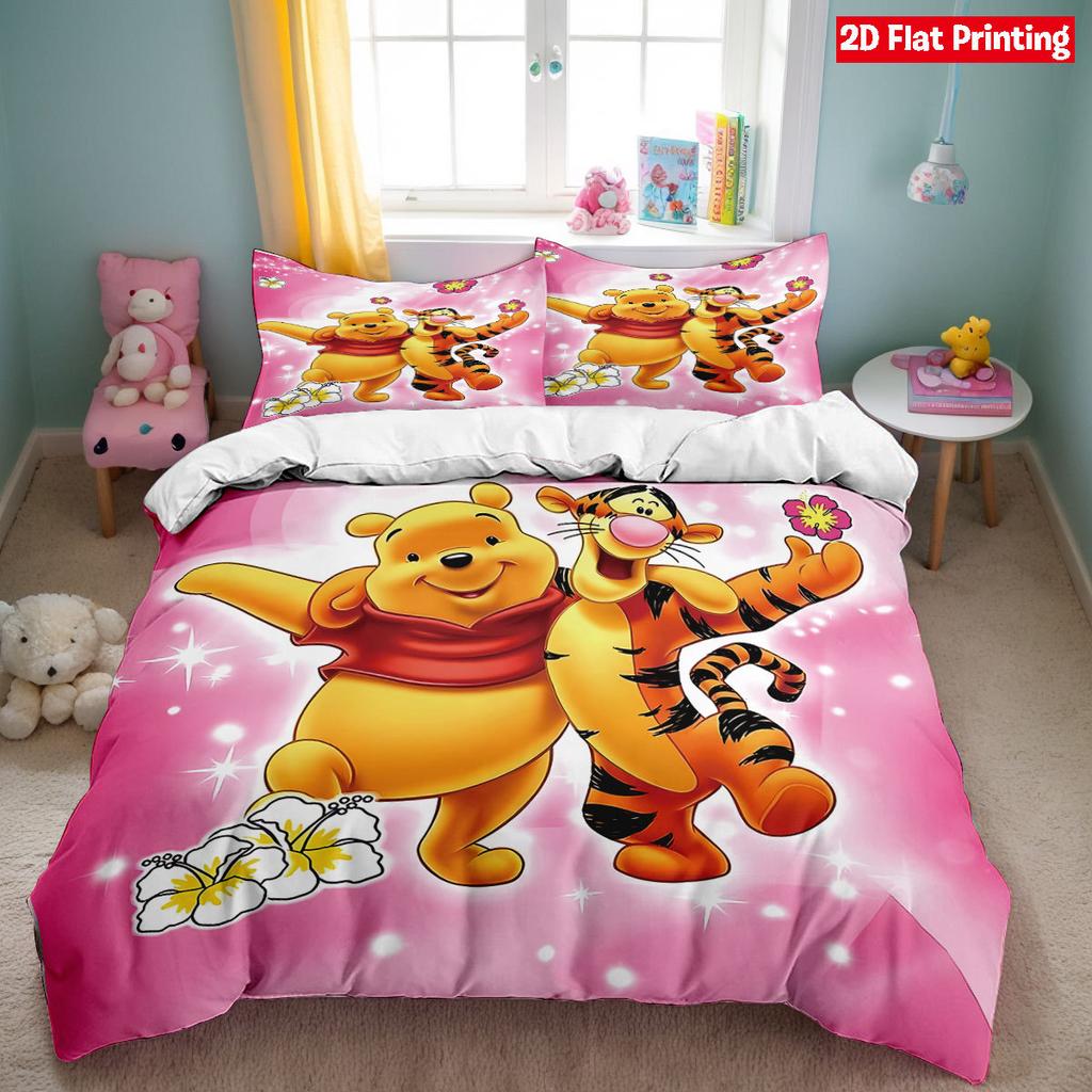 Cartoon Winnie Pooh Bear Tiger Bedding Sets Set,Anime Duvet Cover Bed Comforter Set Bedding Set Birthday Gift for Kid Boys Girls