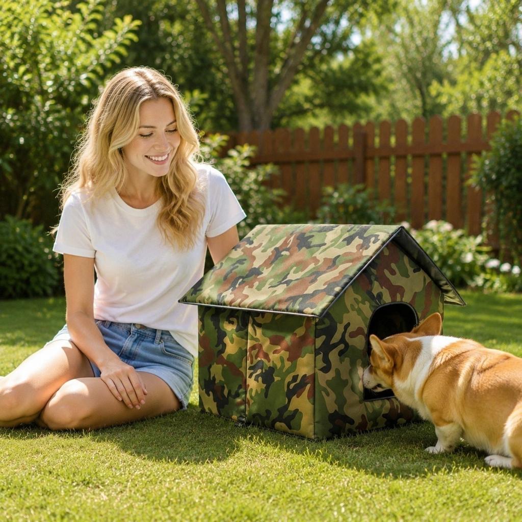 Foldable Pet House Indoor Outdoor Portable Pet Shelter with Removable Cover and Door Flap Suitable for Small To Medium Pets