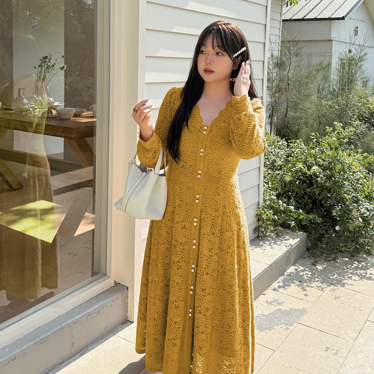 Plus Size Women s V-Neck Spring Jacquard Lace Dress 2XL