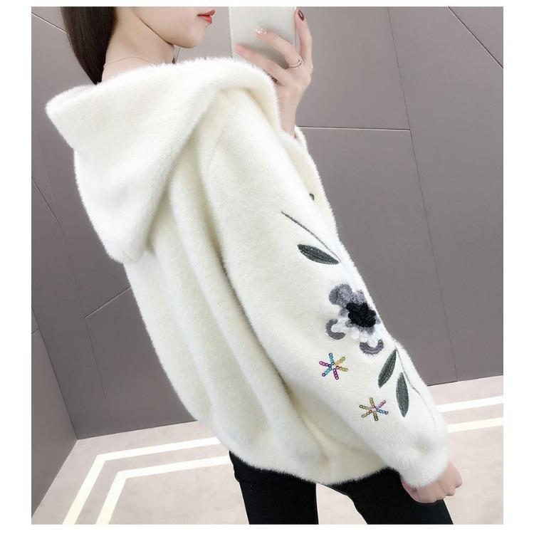 Wasserdichter Mantel mit Kapuze aus Kunstnerz für Damen, locker gestricktes Cardigan-Oberteil für den Winter