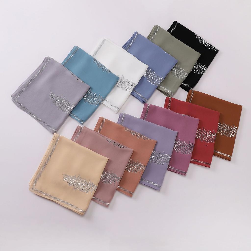 90Cm Luxury Rhinestone Feather Square Bubble Chiffon Instant Hijabs Shawls Lady High Quality Wrap Bufandas Ramadan Muslim Sjaal
