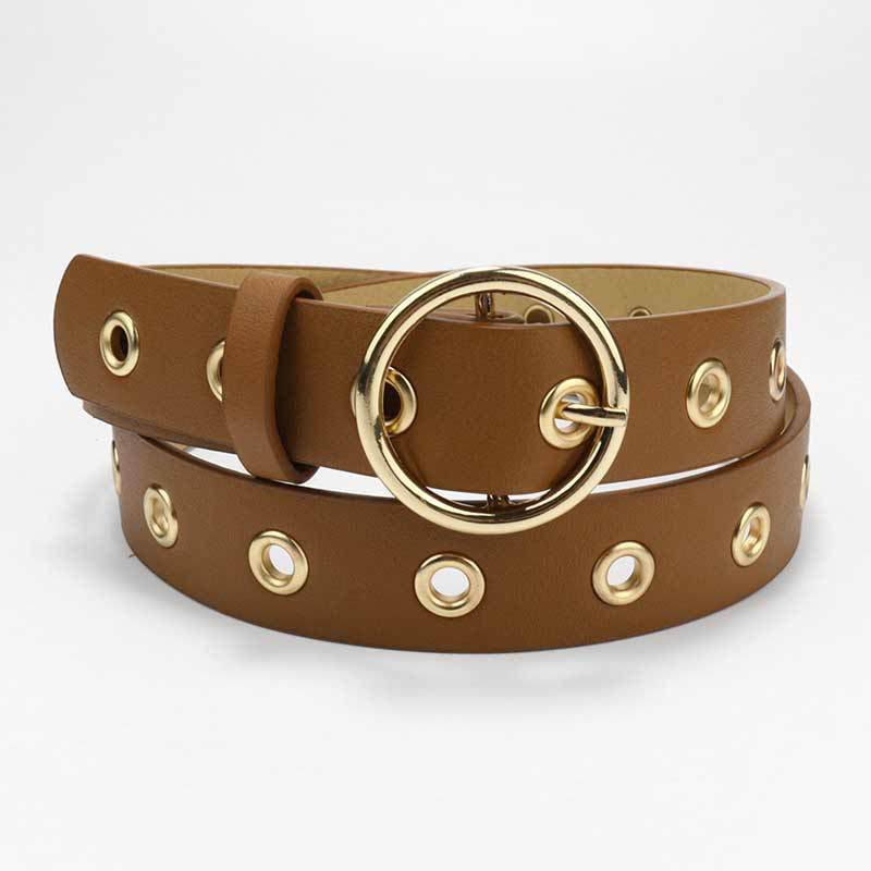 Women'S Belt Women'S Decorative Jeans Belt Round Buckle Hollow Air Eye Belt