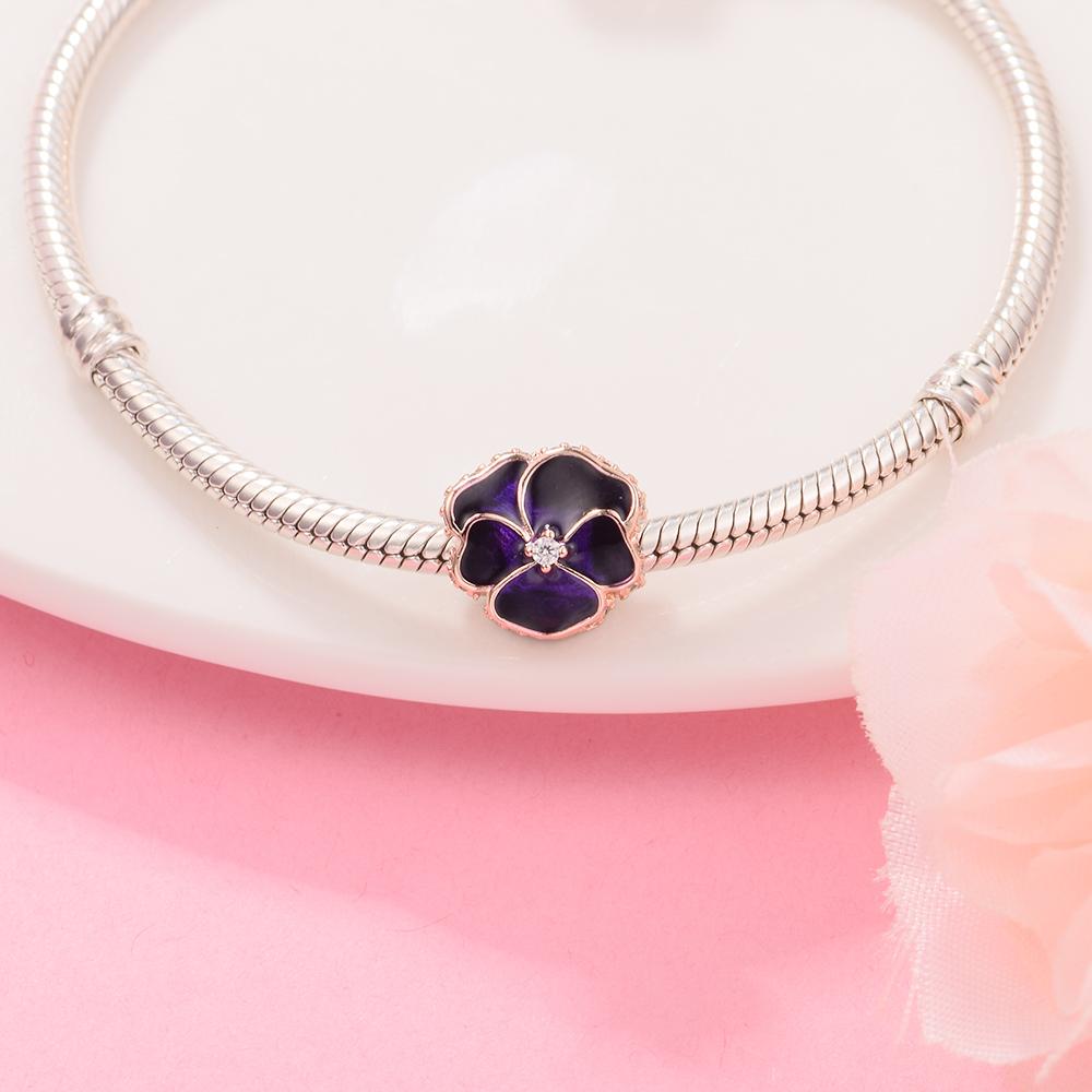 2022 New 925 Sterling Silver Deep Purple Pansy Flower Charm Beads Fits Europe Bracelet Women DIY Jewelry Making Accessories