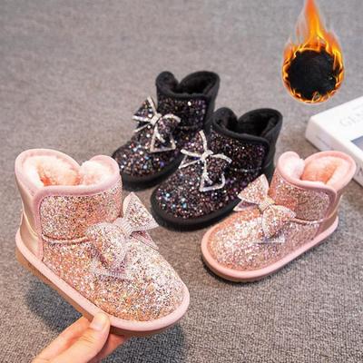 Korean Version New Sequined Bow Children's Cotton Shoes Winter Girls' Snow Boots Piled Thickened with Diamonds Cute Female Treasure Warm Boots