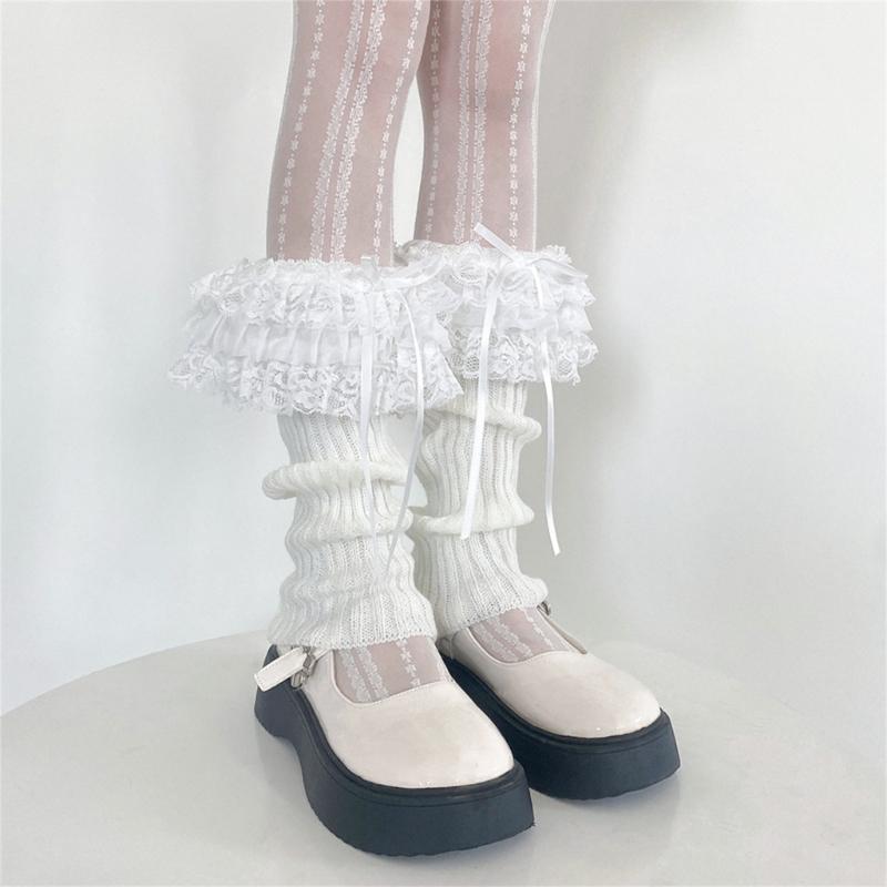 Womens Lolitas Knits Long Socks Lace Ruffle Flared Leg Warmers Harajuku Booties Socks Winter Warm Ankle Heap Socks