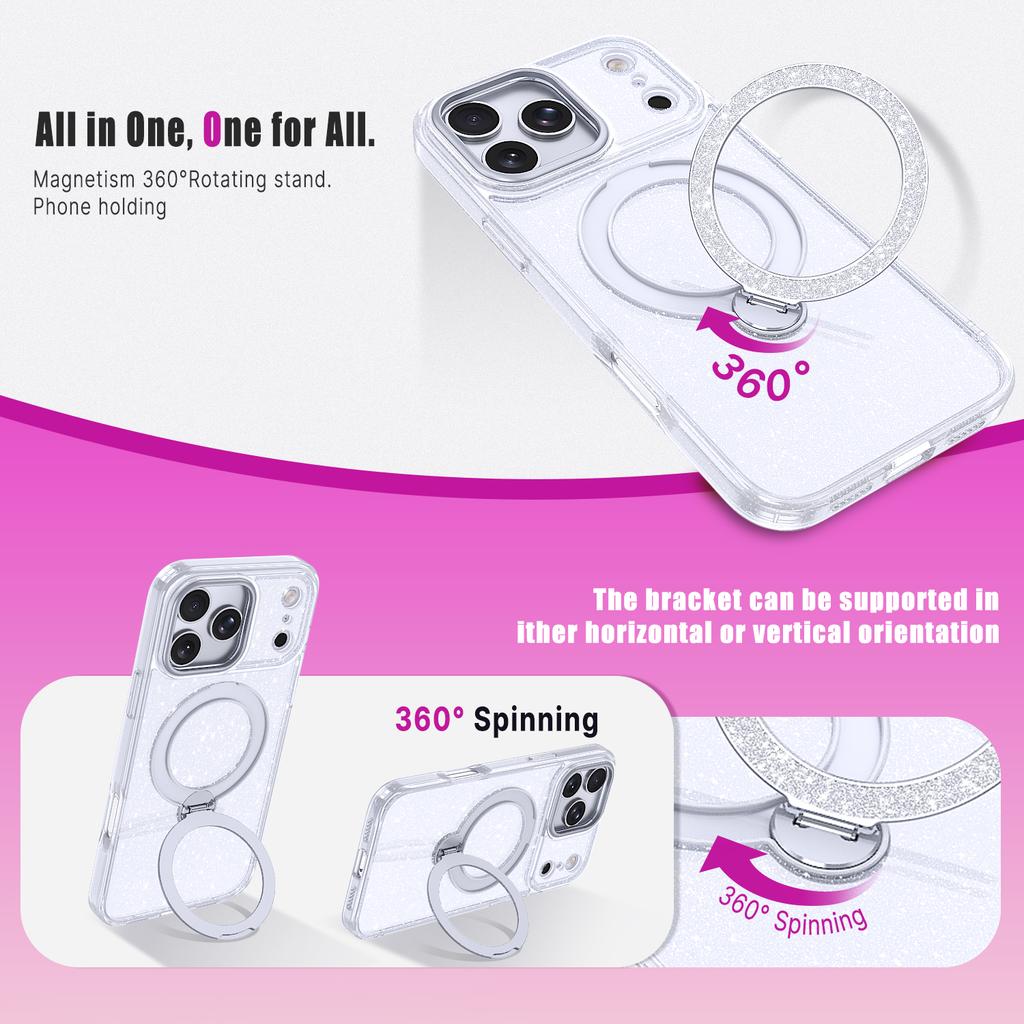 Premium Glitter Magnetic Case For iPhone 11 12 13 14 15 16 Plus Air 17 Pro Max 17e 360° Rotating Stand TPU Frame Acrylic Cover
