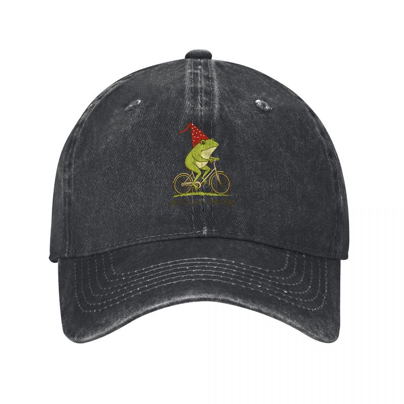Frog Riding Bike Embroidered Washed Cotton Baseball Cap Classic Adjustable Hat for Outdoor Activities and Casual Wear