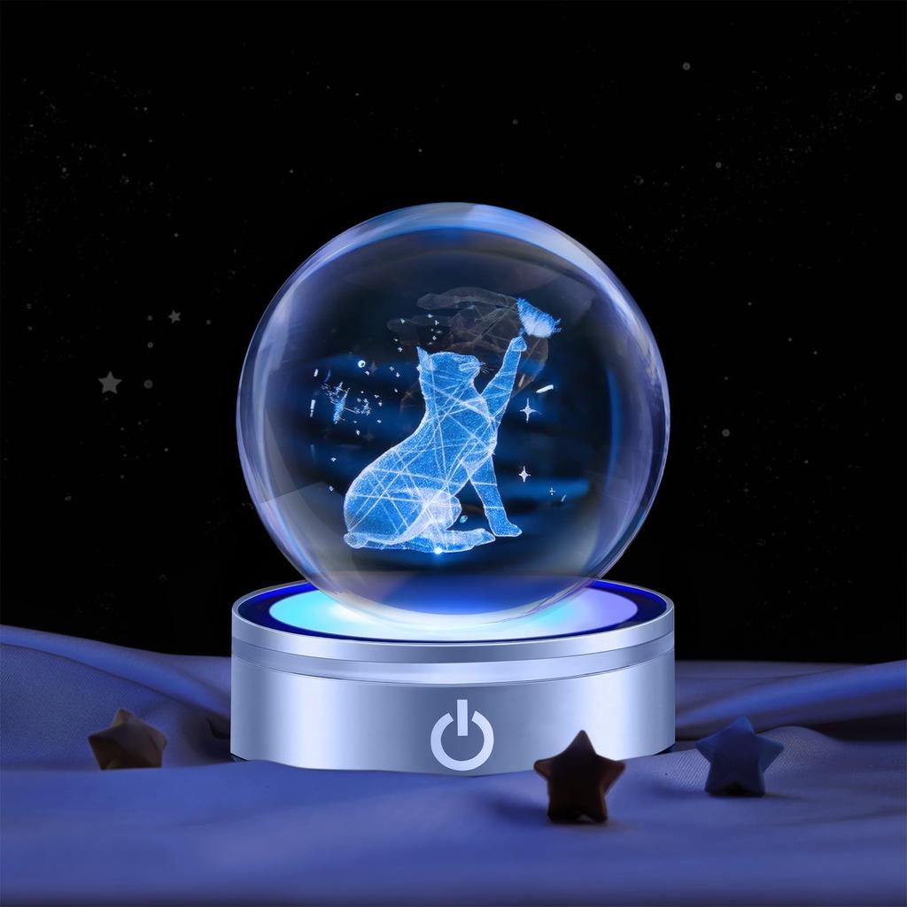 Cute 3D Cat Crystal Stylish Decorative Animal Soothing Crystal Ball with LED Light Popular Gift for Birthday Anniversary Graduation Day Friend