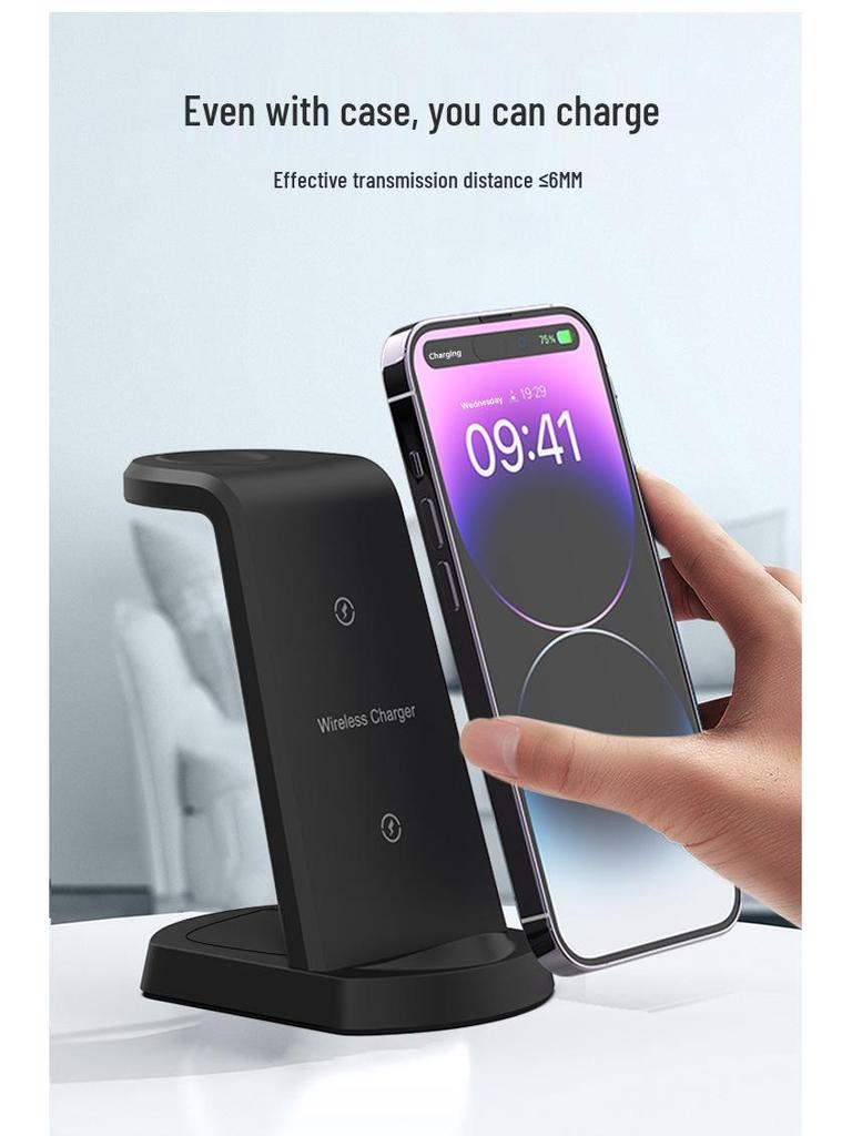 Three-in-One Vertical Wireless Charger for Apple Devices: Phone, Earbuds, and Watch.