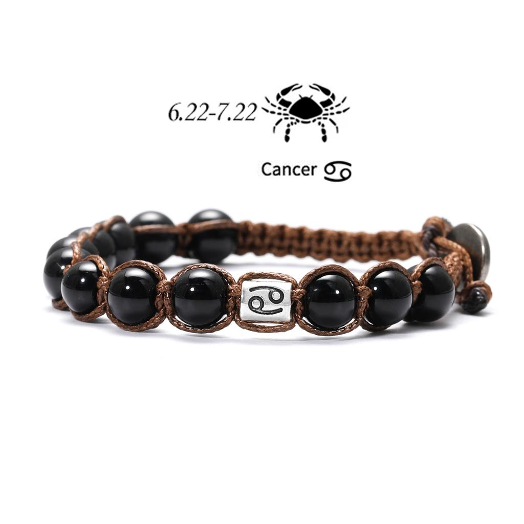 12 Zodiac Natural Stone Obsidian Hand-Woven Bracelets Cancer Pisces Men's Bracelets Couples Friendship Jewelry Pulseras Hombre