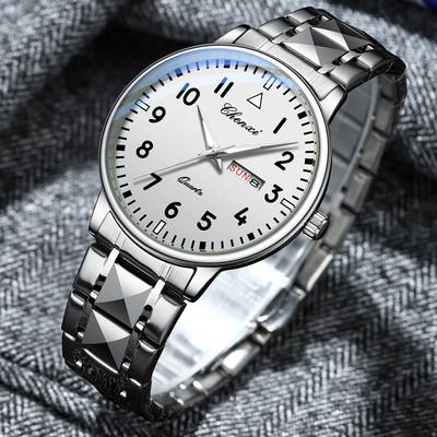 Business Mode Herren Quarzuhren Edelstahlarmband Wasserdicht Leuchtend Kalender Woche Herren Einfache Lässige Uhr