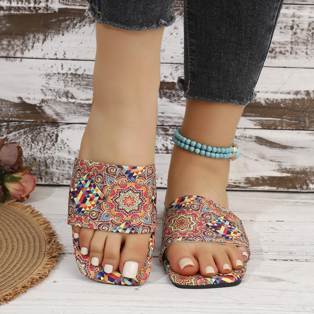 Large Size Flat Sandals for Women, Ethnic Style Summer Breathable Printed Open-toe Slippers, Roman Style Flip-flops