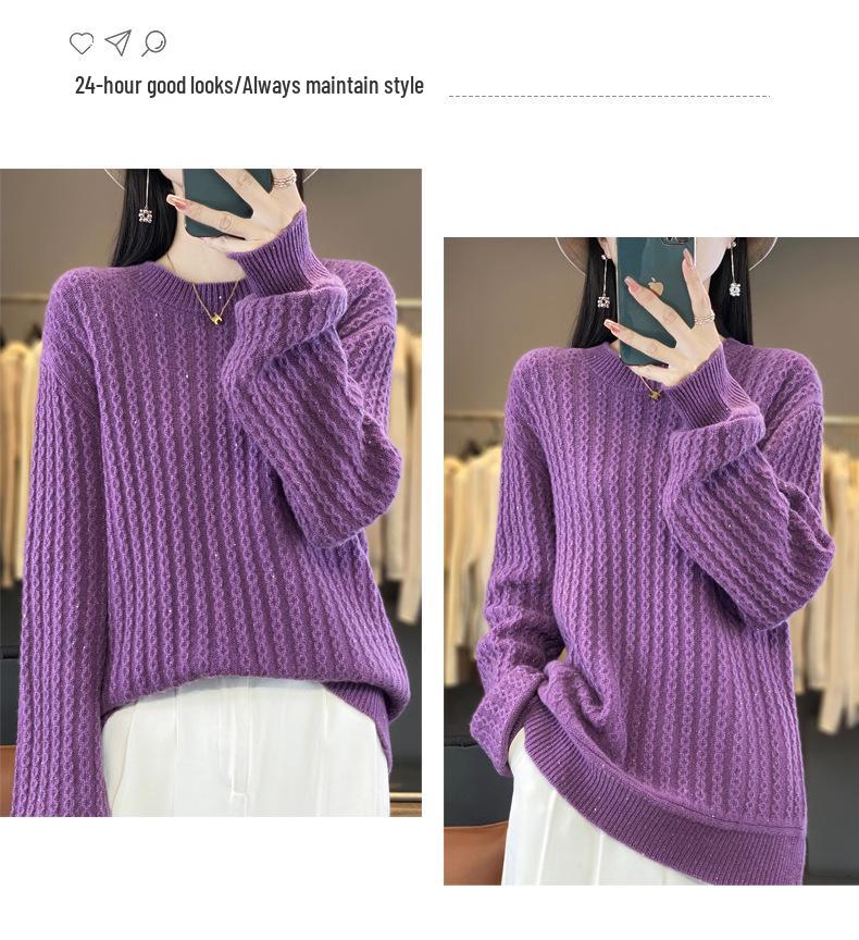 2024 A/W Women's Thick Wool Knit Sweater - Round Neck, Long Sleeve, Bright Silk, Loose Fit