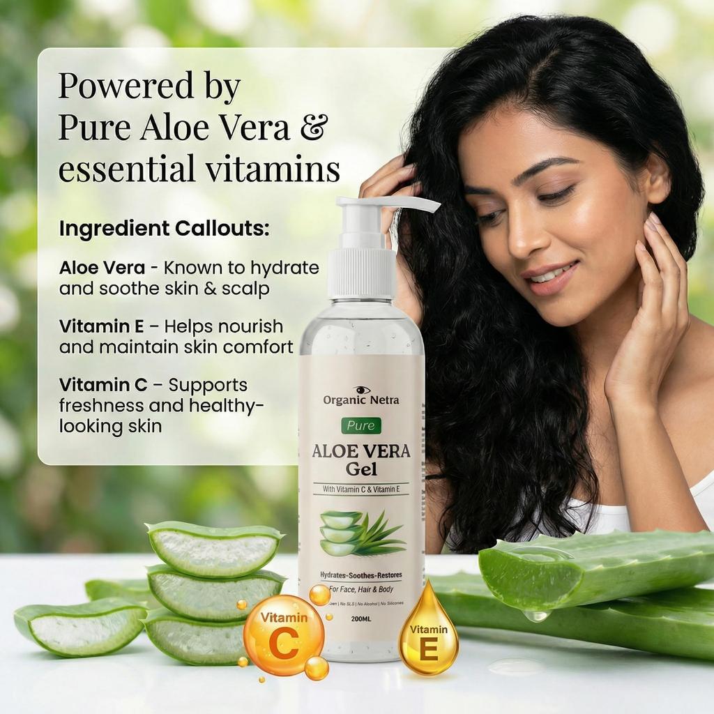 Organic Netra Pure Aloe Vera Gel with Vitamin C & E for Skin, Face and Hair | Helps To Repair and Smoothens Hair | Relax and Renew Your Skin and Sc