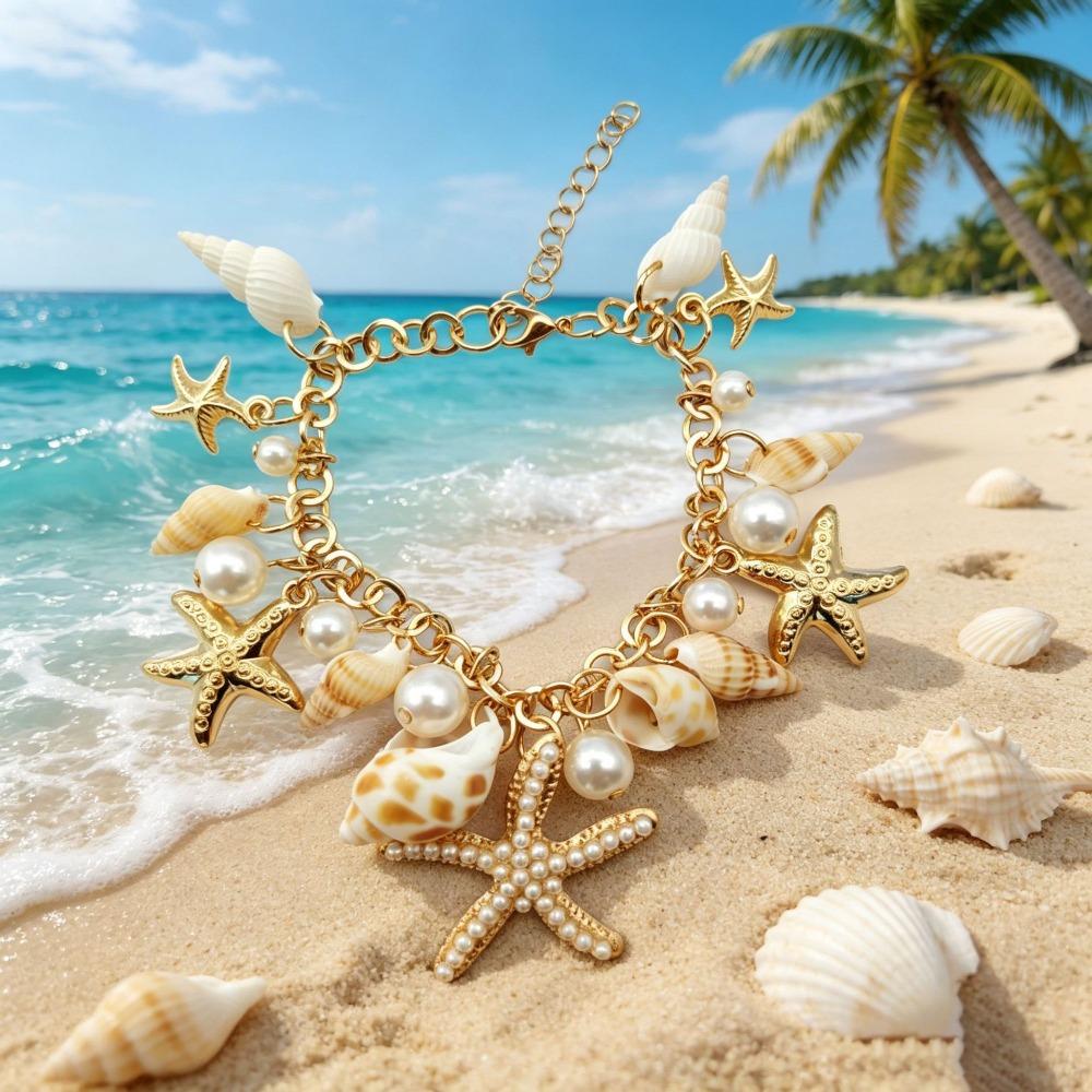 Seashell Bohemian Bead Bracelet Alloy Conch Beaded Wristband Seaside Beach Trip