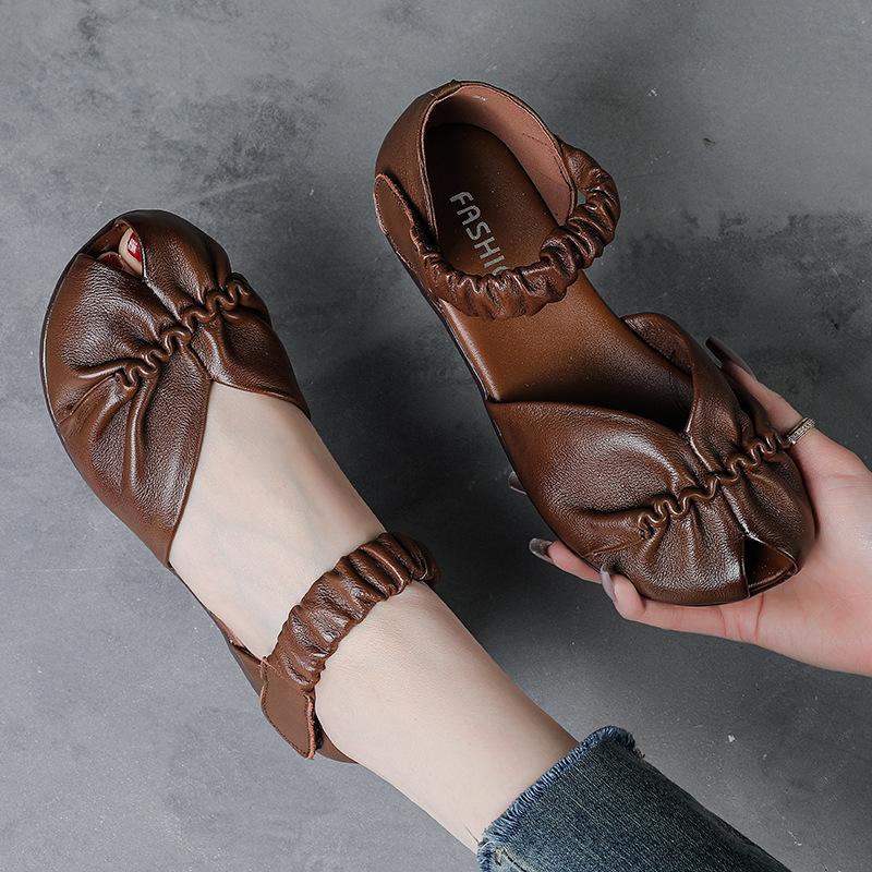 Fashion GKTINOO Genuine Leather Comfortable Breathable Sandals 2025 Summer New Peep Toe Low Heel Versatile Retro Women's Shoes