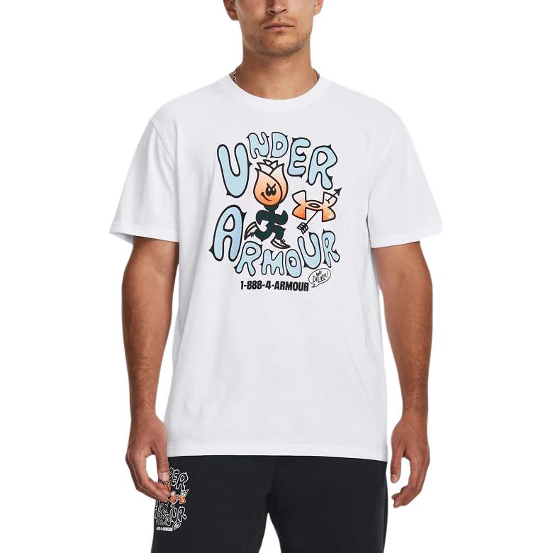 Under Armour Rose Delivery Flame Cartoon Letter Print Casual Crew Neck Short Sleeve T-Shirt Men T-Shirts White 1380916-100
