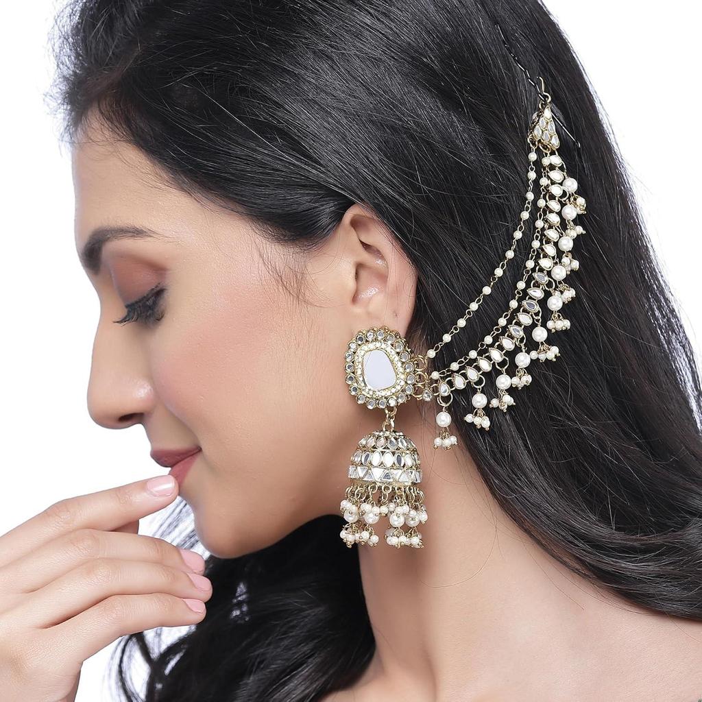Traditional Stylish Gold Plated Polki & Pearl Bahubali Jhumki Jhumka Earrings Jewellery For Girls