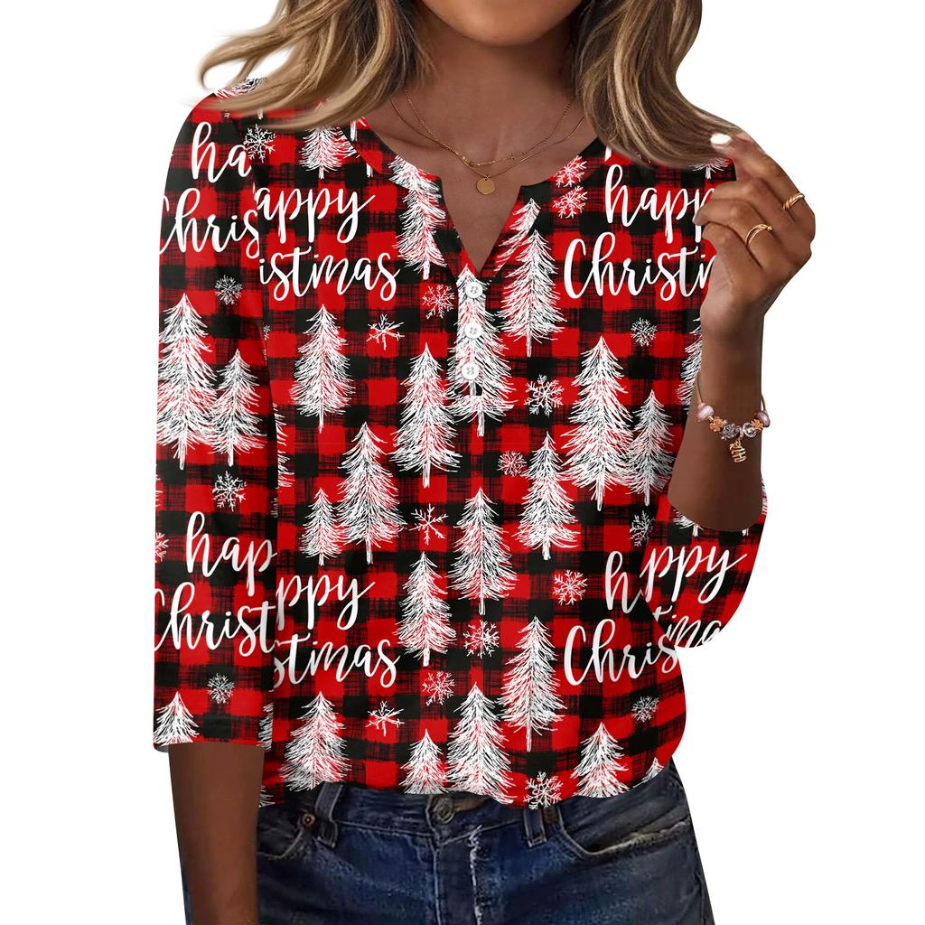 Women's Fashion Casual Christmas Print V-Neck Button Three-Quarter Sleeve T-Shirt Top