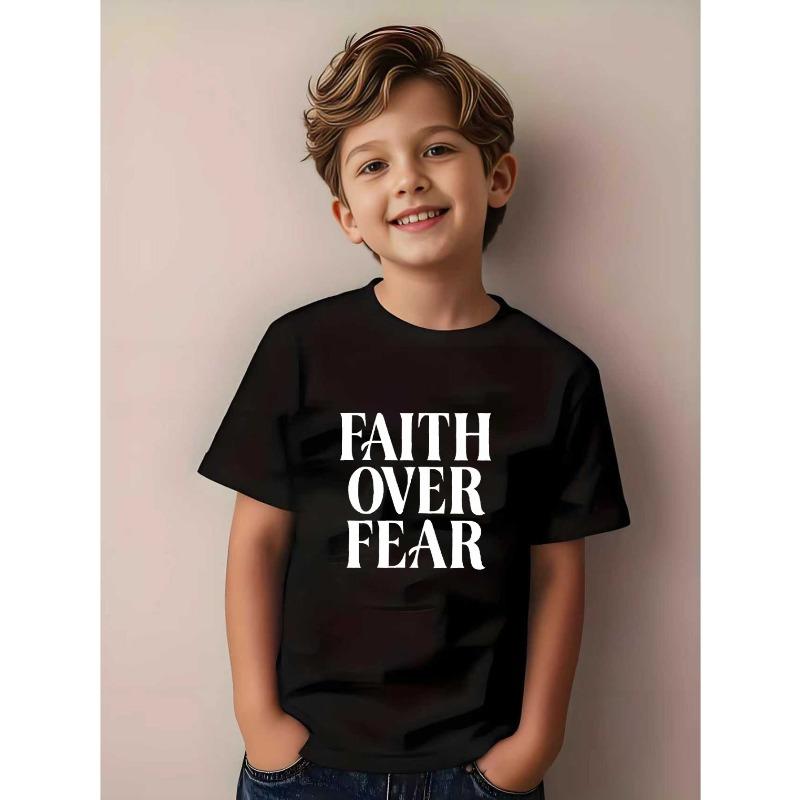 

European sizes A Inspirational T-Shirt for Boys That Emphasizes Faith Over Fear - Navy Blue Short-Sleeve Round Neck Casual Summer Top 164cm чорний