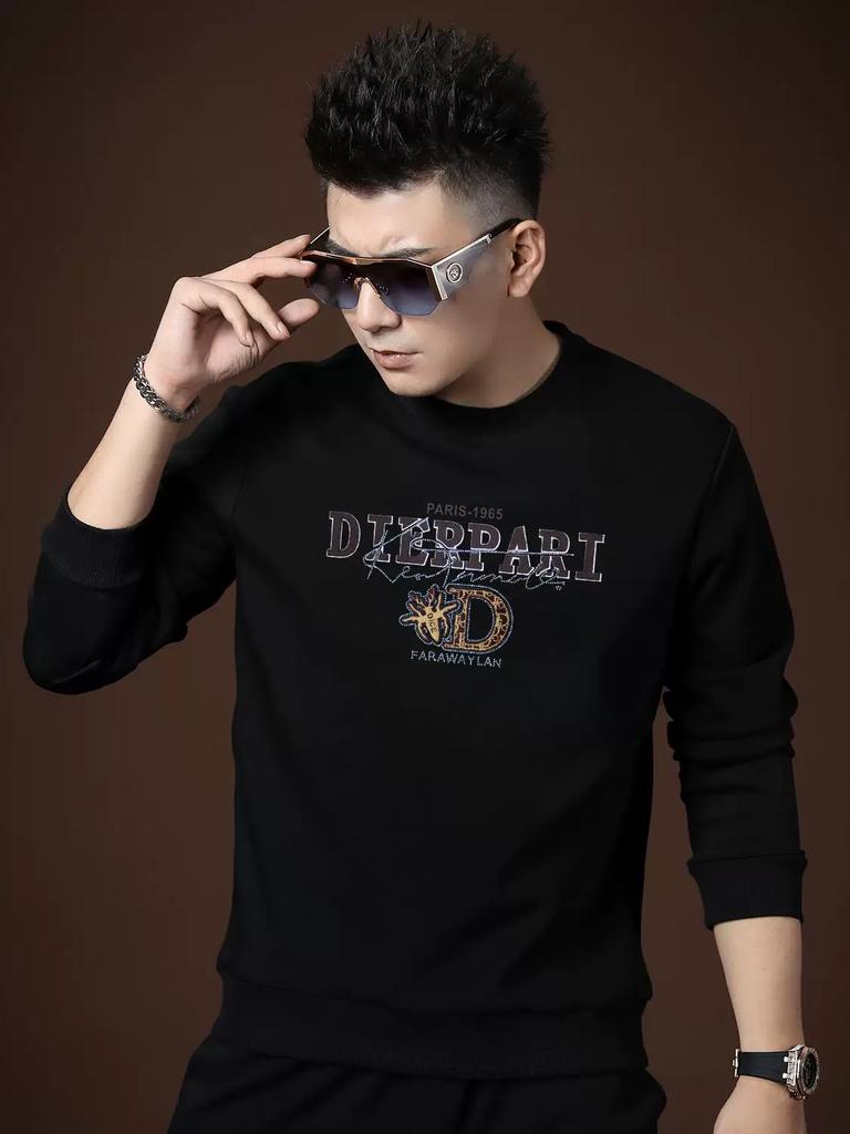 European High-End Round-Neck Sweatshirt for Men, 2025 New Autumn and Winter Long-Sleeve Top, Trendy Brand Rhinestone Casual Jacket