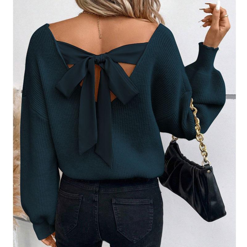 Schwarzer Grobstrickpullover mit Rückenausschnitt und Schleifendetail, lässiges Langarm-Oberteil