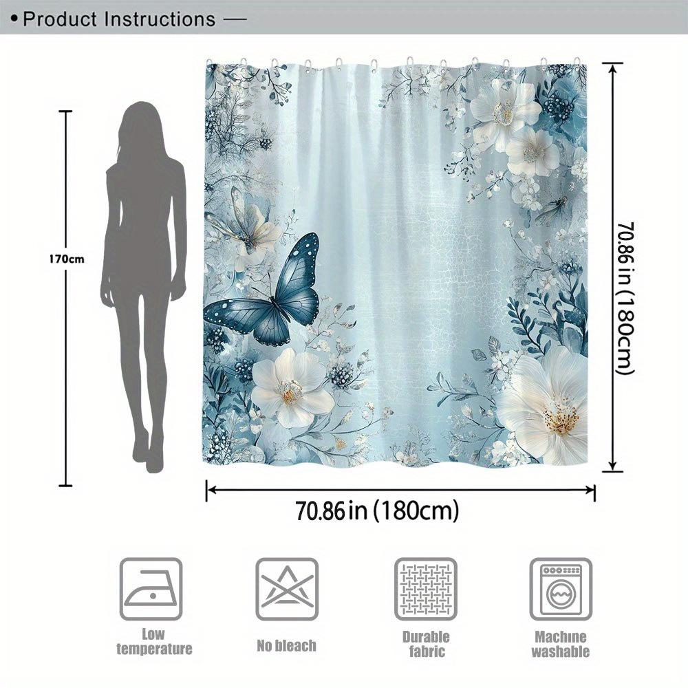Botanical Curtain - Blue Butterfly & Flowers, White Roses & Lilies, Light Blue, Polyester,  Machine Washable, Elegant Bath