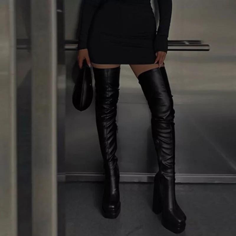 Fashion New Style Luxury Women Thigh High Boots Double Platform Block High Heels Over The Knee Boots Zip Sexy Long Shoes Boots for Woman