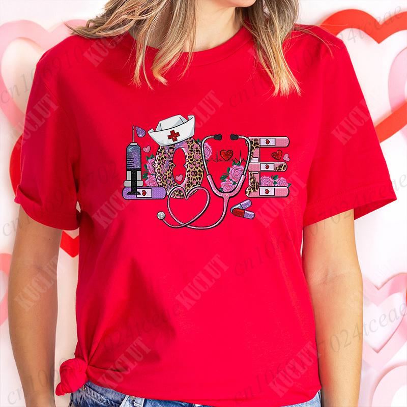 New Women T Shirt Pullover Oversize Valentines Day Love Nurse Print T-Shirt Casual Short Sleeve Women T-Shirt Nurse Tees Gifts