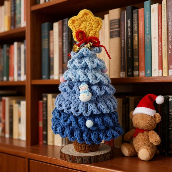 Yousheng Crochet Christmas Tree Small Handmade Multi-layered Knitting Xmas Tree with Woodgrain Base for Winter Tabletop Home Room Party Decor