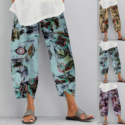 Spodnie dresowe damskie Boho Print Bawełniane lniane spodnie Kieszonkowe spodnie na co dzień
