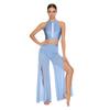Womens Lyrical Dance Performance Outfit Sequin Hollow-out Tank Crop Top+Built-in Briefs Mesh Pants Modern Contemporary Dancewear