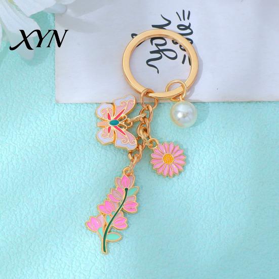 Enamel Pendant Keychain with Round Imitation Pearls, Flower Butterfly Charm Key Ring, Pastoral Style Layered Holder