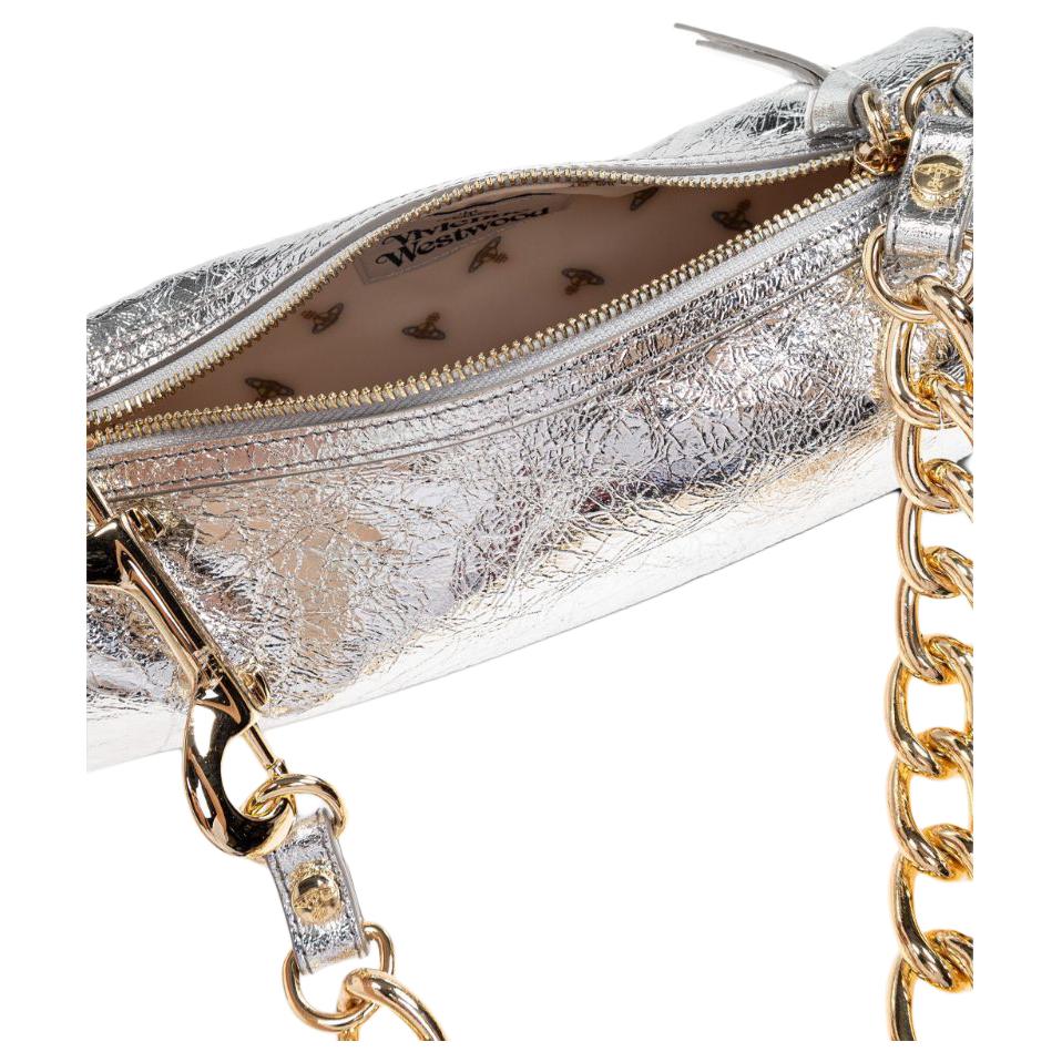 VIVIENNE WESTWOOD Orb Chain Strap Logo Tag Zip Closure Goat Leather Handbag Women Handbag Silver 4603000AWL00ACQ401