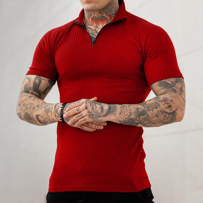 

New Men S Slim Multi-Color Stand-Up Collar Men S Casual Vertical Stripes Short-Sleeved Youth Men S Clothing M червоний