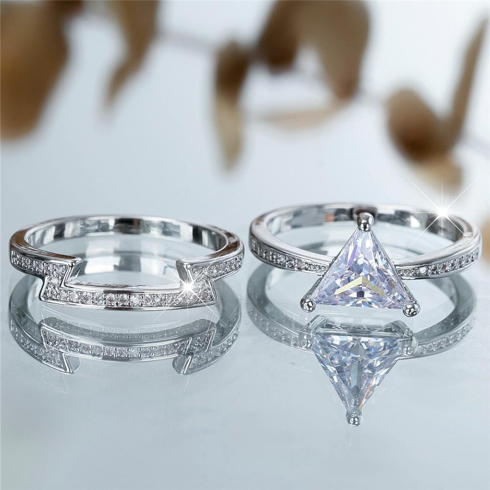 Crystal Female White Zircon Triangle Stone Ring Set Fashion Luxury Silver Color Bridal Wedding Engagement  For Women