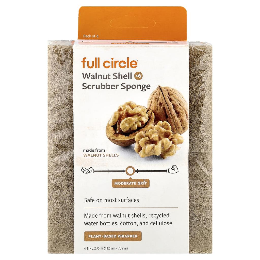 Full Circle, Walnut Shell Scrub Sponges, 6 Pack, 4.4" x 2.75