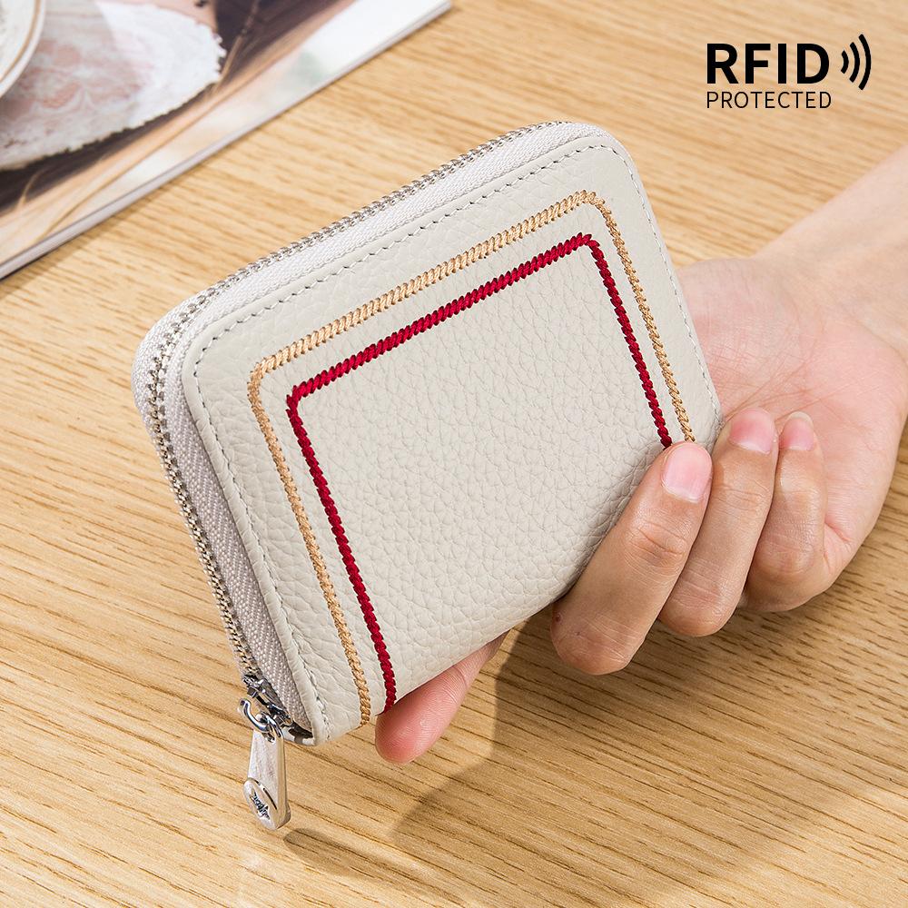 Embroidered Card Bag Women's Multi-card RFID Mini Card Bag Simple Soft Leather Change Bag Coin Bag Integrated Bag